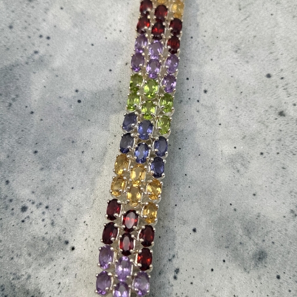 Sterling Silver 925 Rainbow Gemstone Tennis Bracelet Crown Mark 6.75” Estate - Picture 6 of 10